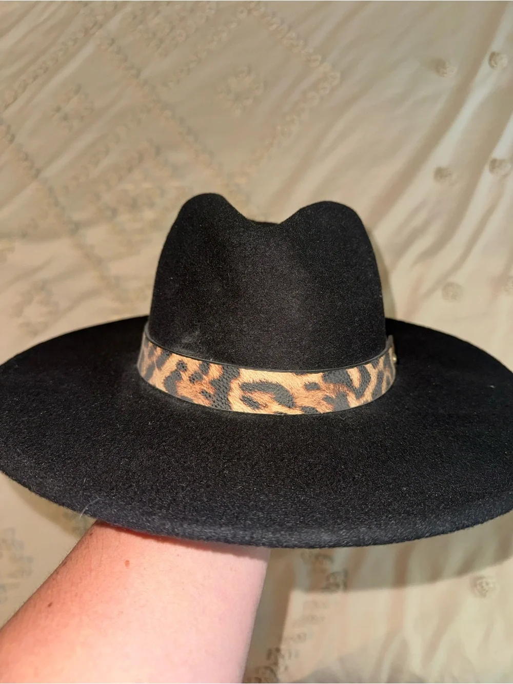 Black Wide-Brim Felt Hat with Leopard Accent Band